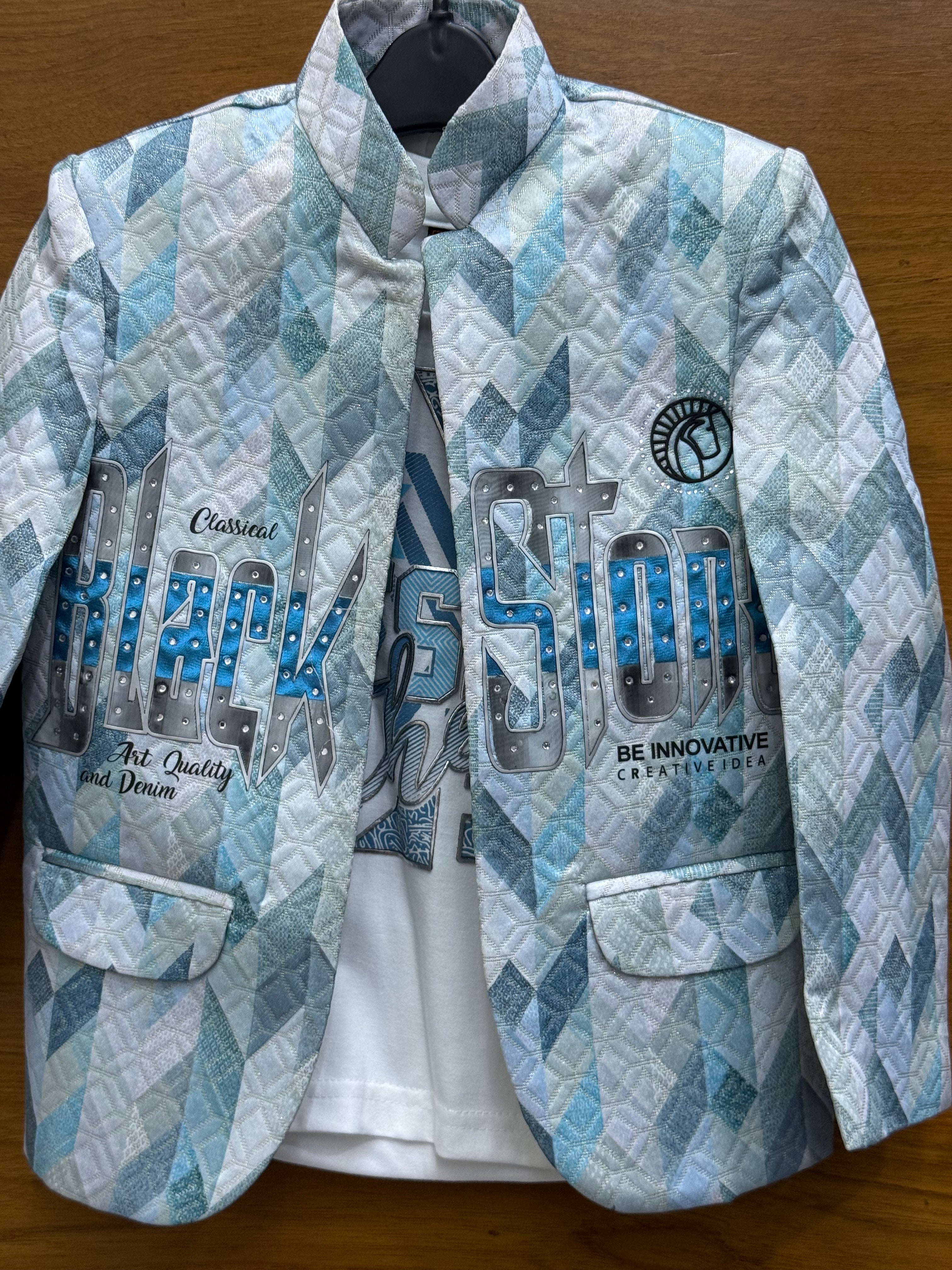 Load video: Blazer: Stylish light blue geometric print blazer with bold "Black Stone" graphic,