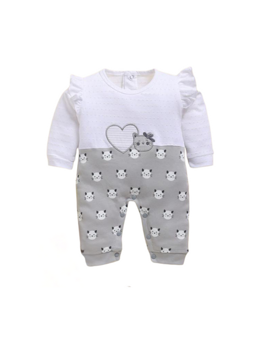 🍼 Baby Girl Cotton Romper – Pink &amp; White Kitty Print