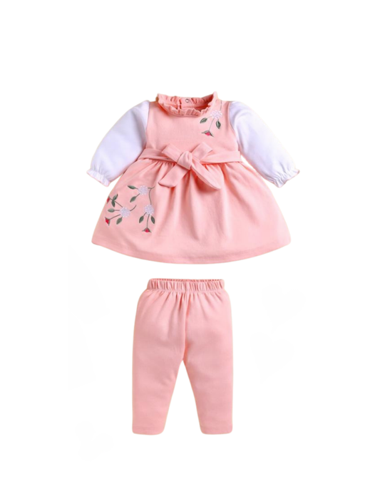 “Dress your little angel in comfort and style with this peach blossom outfit set.”