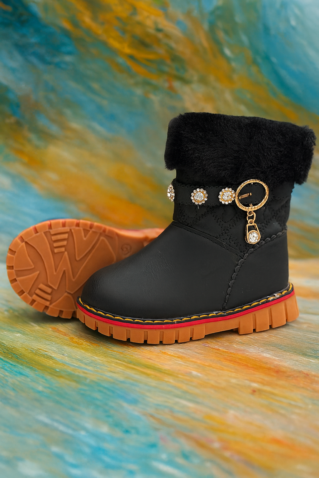 Cozy black winter boots with plush fur lining, pearl-studded strap, and golden.