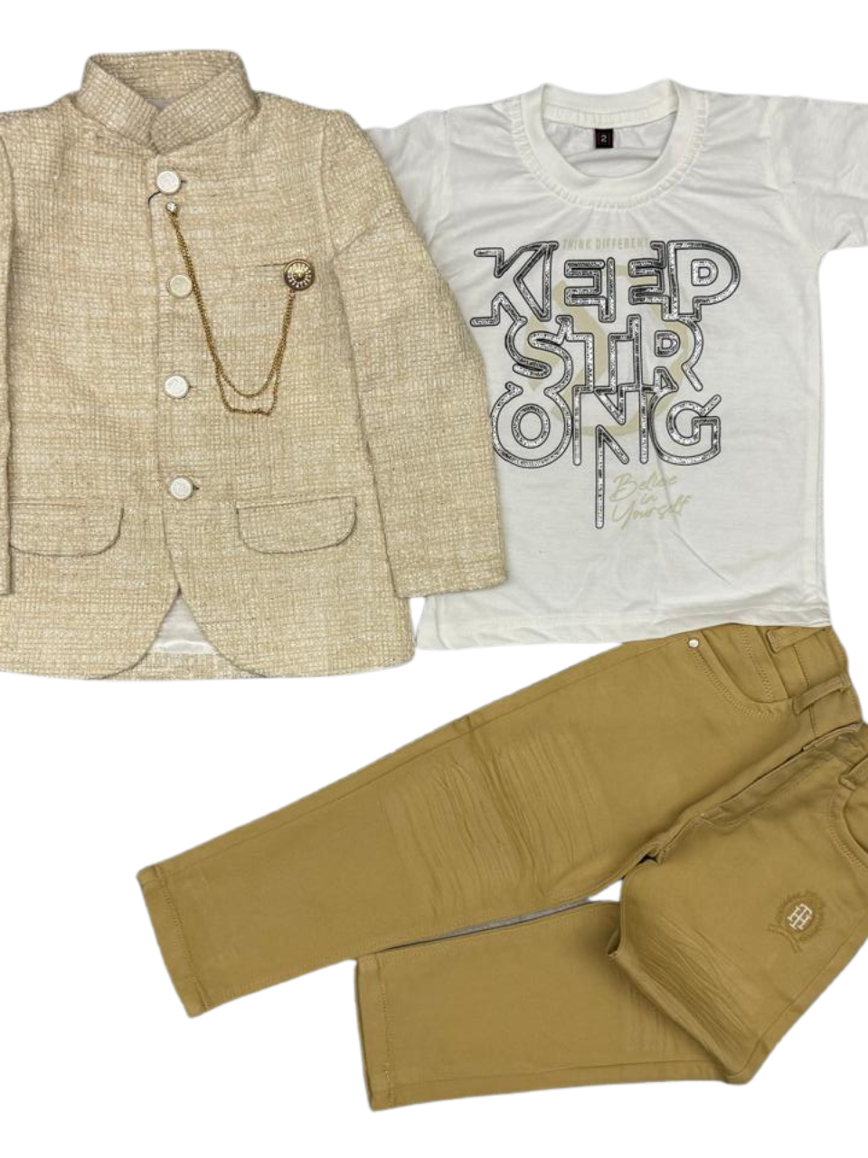 Classy blazer set with tan pants—perfect for your little prince’s special occasions!