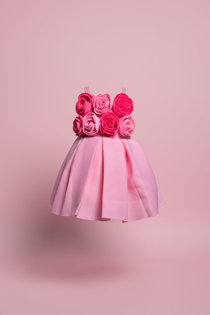Girls Pink 3D Rose Party Dress – Cute Floral Birthday & Special Occasion Dress for Kids
