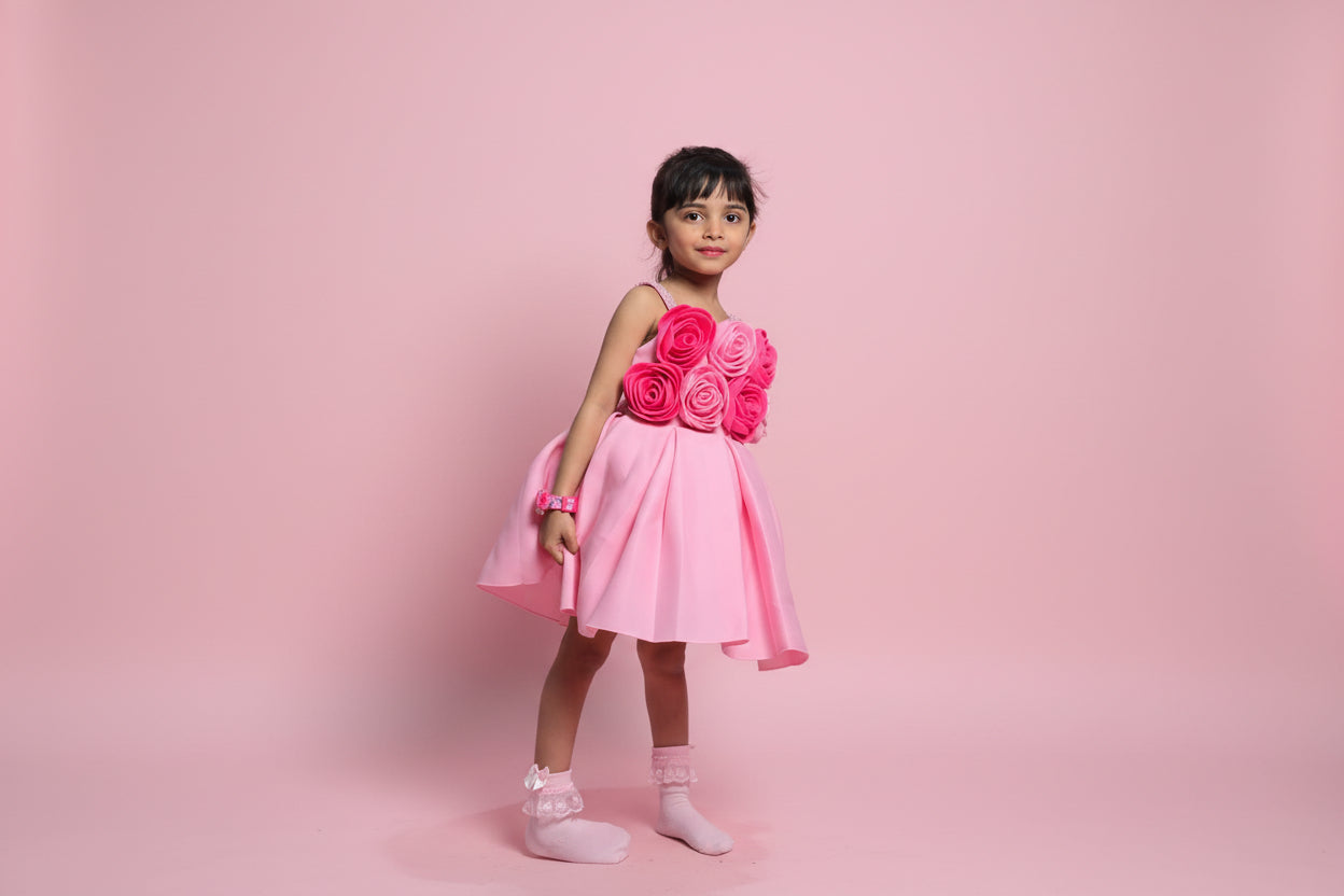 Girls Pink 3D Rose Party Dress – Cute Floral Birthday & Special Occasion Dress for Kids