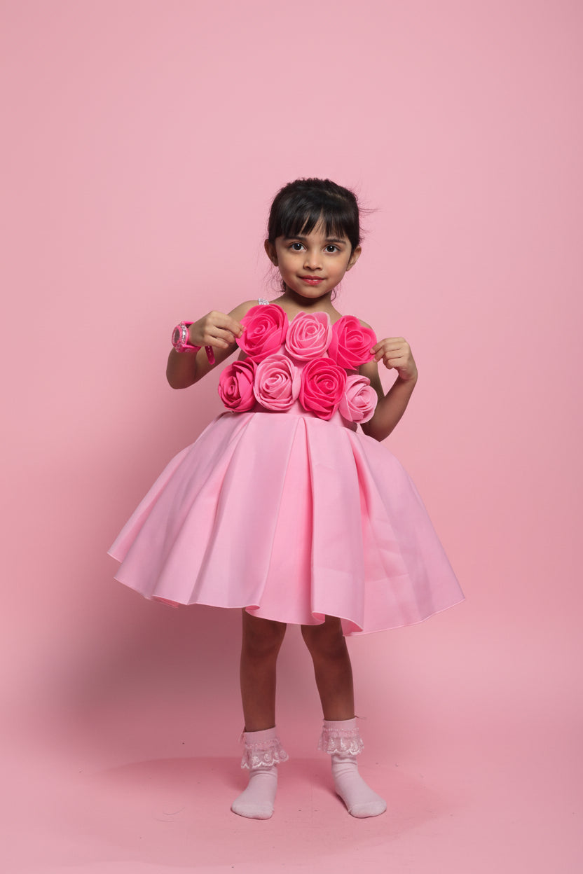 Girls Pink 3D Rose Party Dress – Cute Floral Birthday & Special Occasion Dress for Kids
