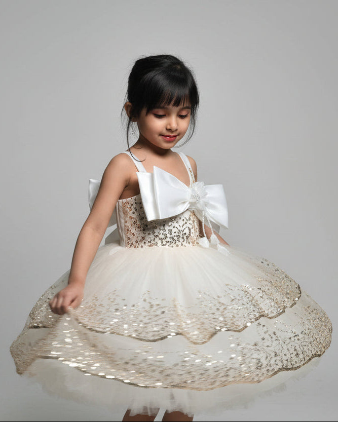 Girls Luxury Cream Sequin Party Dress with Big Bow – Elegant Birthday & Wedding Dress for Kids