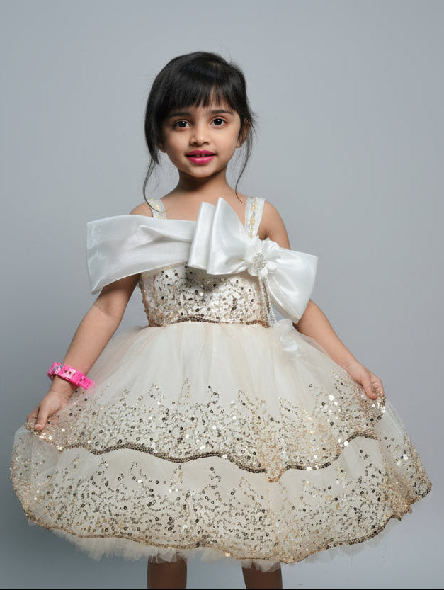 Girls Luxury Cream Sequin Party Dress with Big Bow – Elegant Birthday & Wedding Dress for Kids