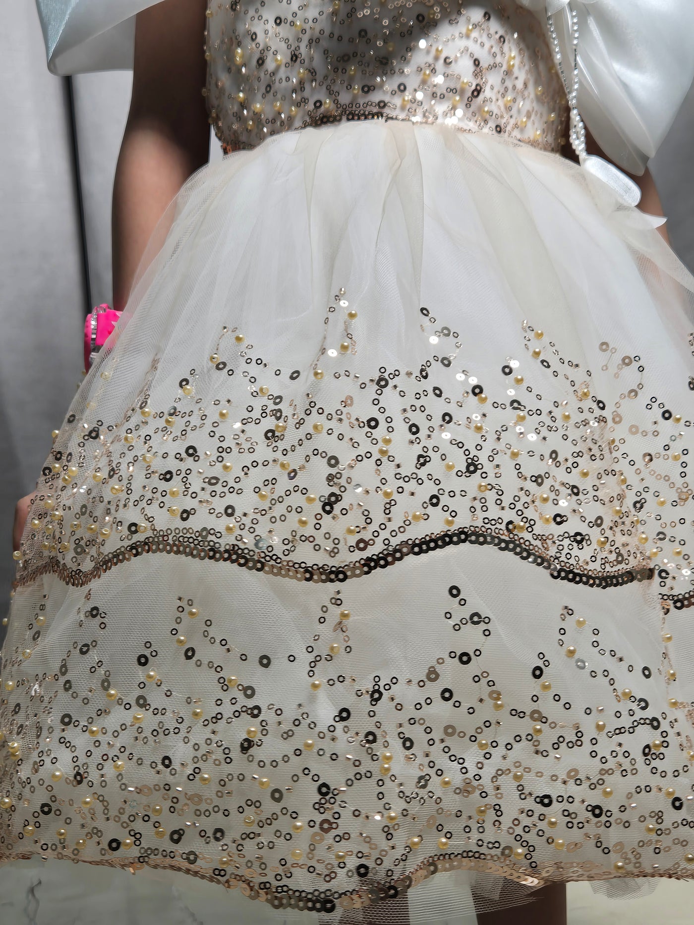 Girls Luxury Cream Sequin Party Dress with Big Bow – Elegant Birthday & Wedding Dress for Kids