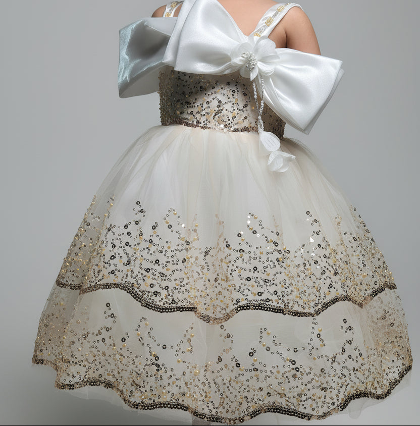 Girls Luxury Cream Sequin Party Dress with Big Bow – Elegant Birthday & Wedding Dress for Kids