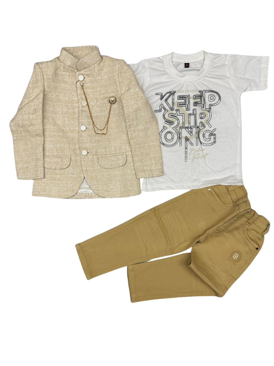 Classy blazer set with tan pants—perfect for your little prince’s special occasions!