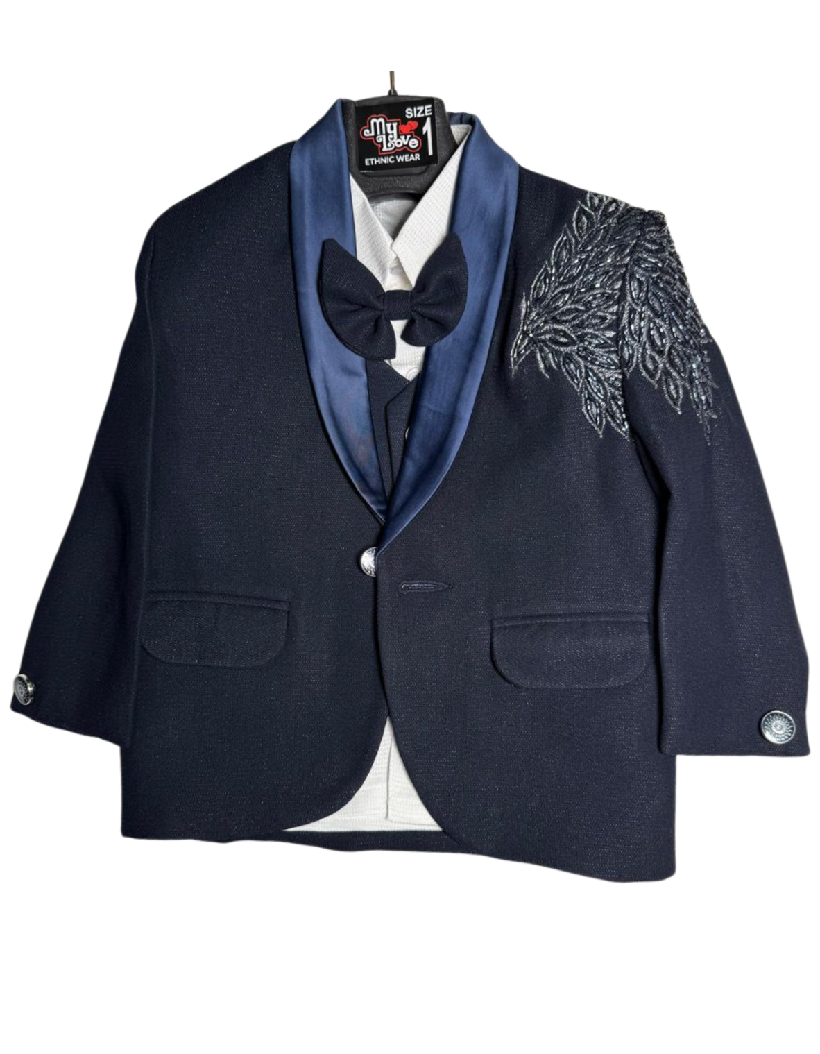 Premium black tuxedo with elegant embroidery – perfect for your little gentleman’s grand occasions.