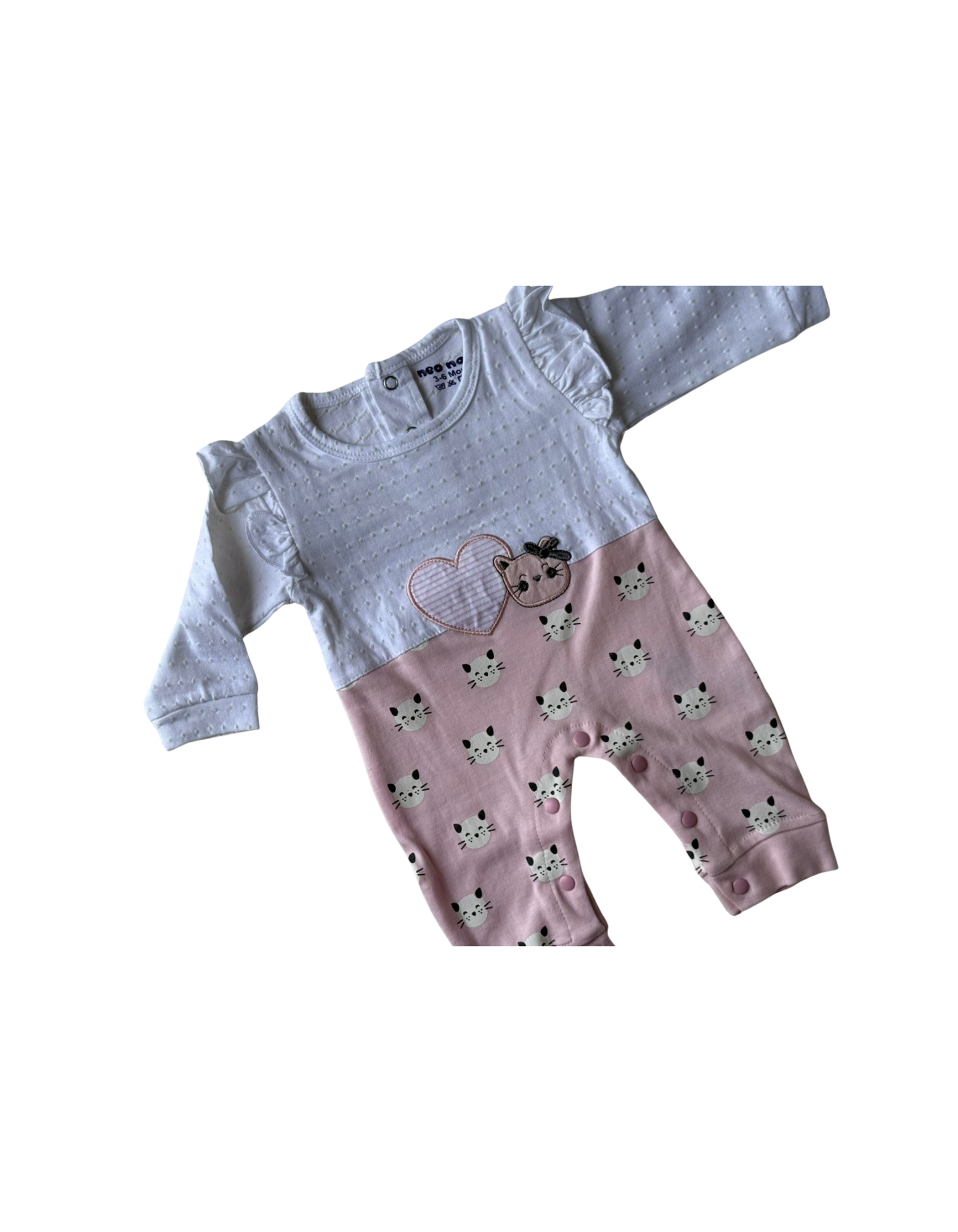 🍼 Baby Girl Cotton Romper – Pink &amp; White Kitty Print