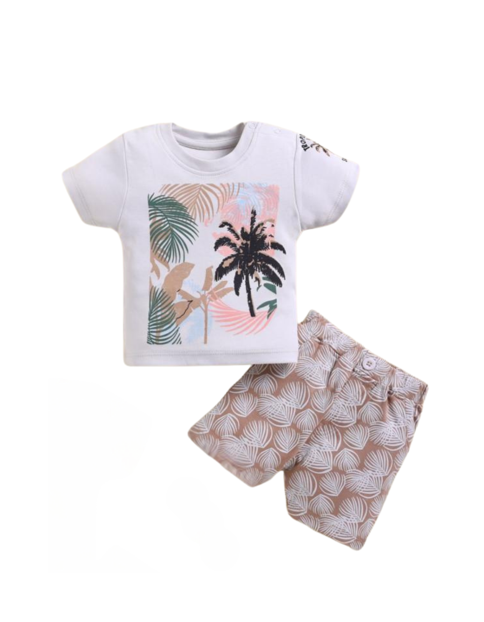 “Tropical palm print baby outfit – comfy cotton shirt & shorts set..