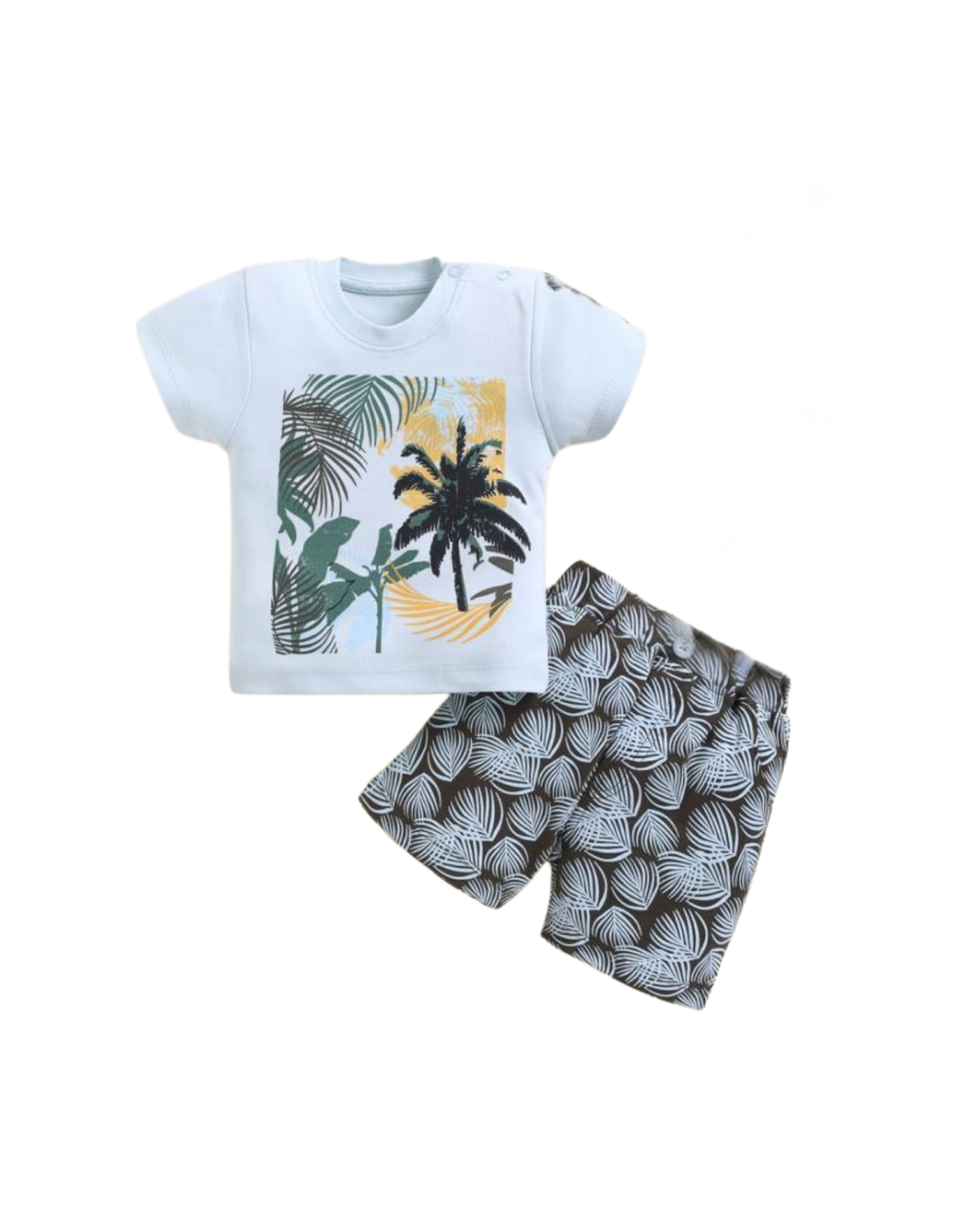 “Tropical palm print baby outfit – comfy cotton shirt & shorts set..