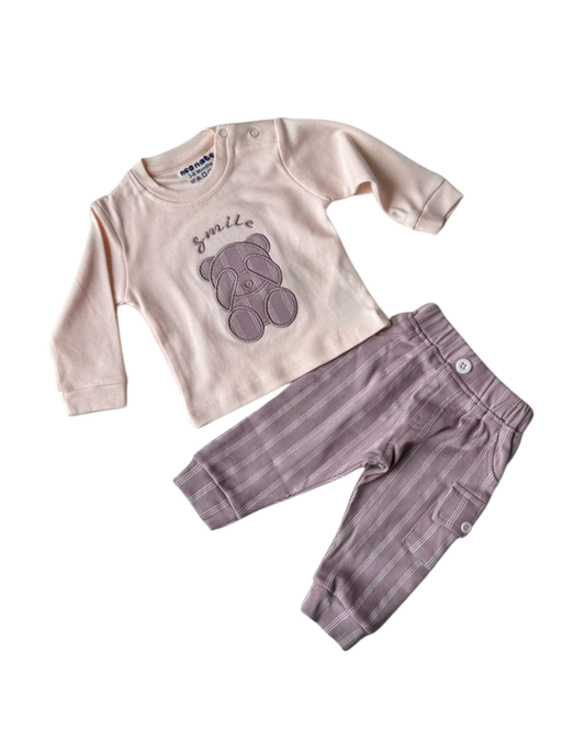 🐻 Cute Baby Boy Outfit – “Smile Bear” Top &amp; Striped Pant Set .