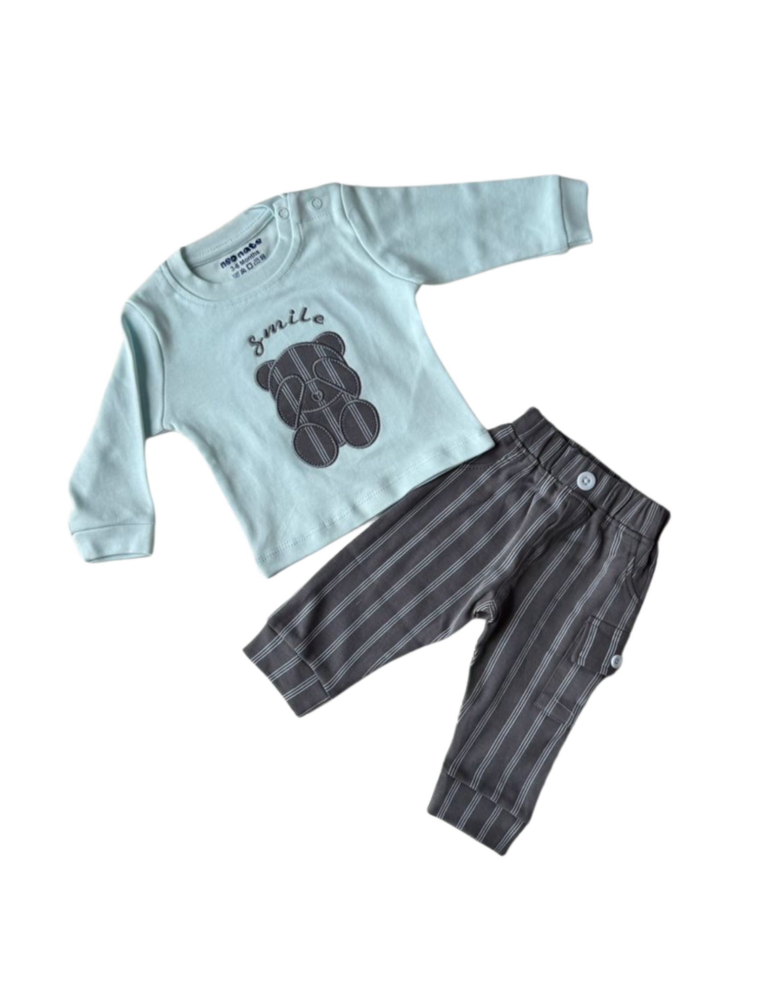 🐻 Cute Baby Boy Outfit – “Smile Bear” Top &amp; Striped Pant Set .