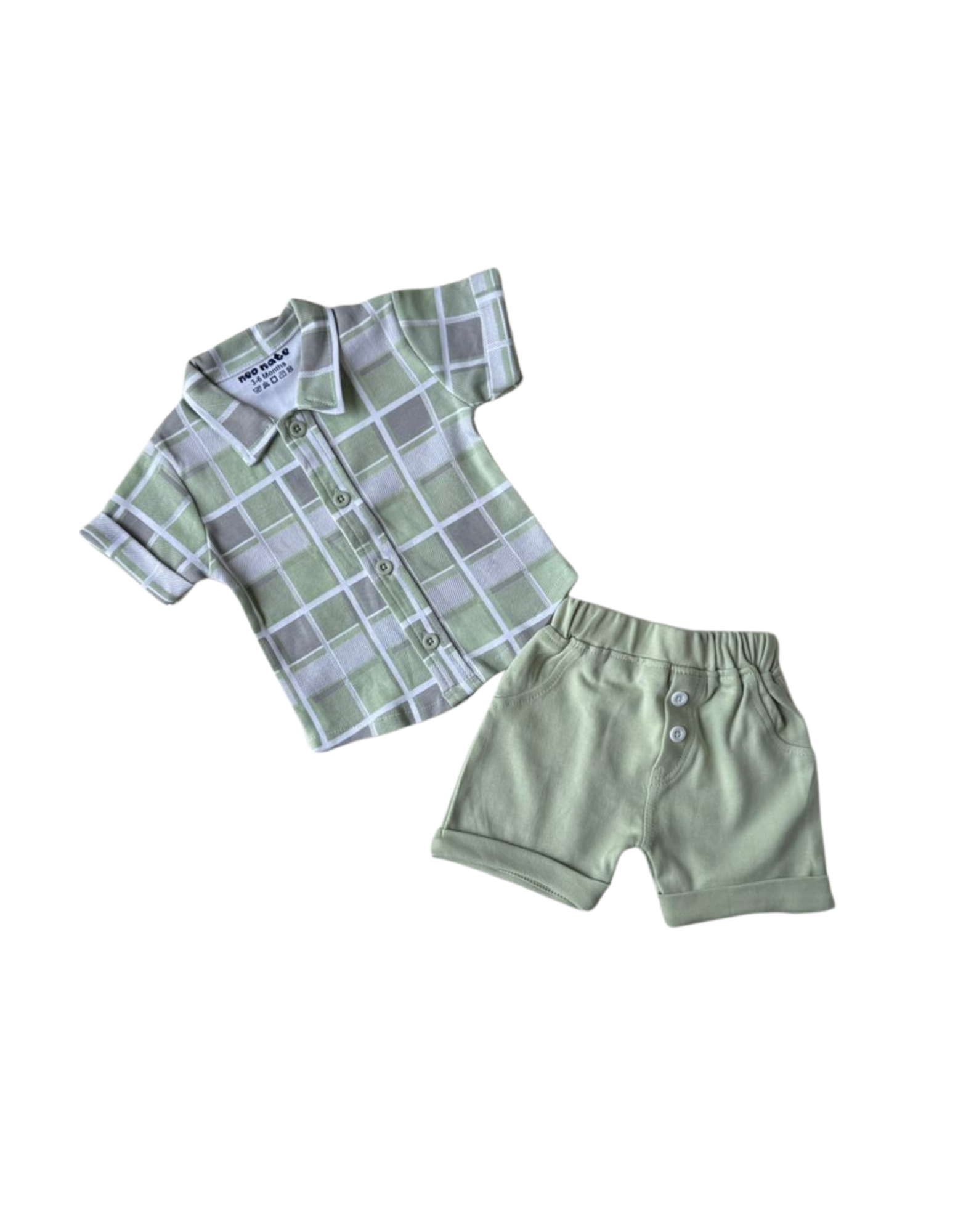 🌿 Trendy Baby Boy Outfit – Mint Green Check Shirt & Shorts Set