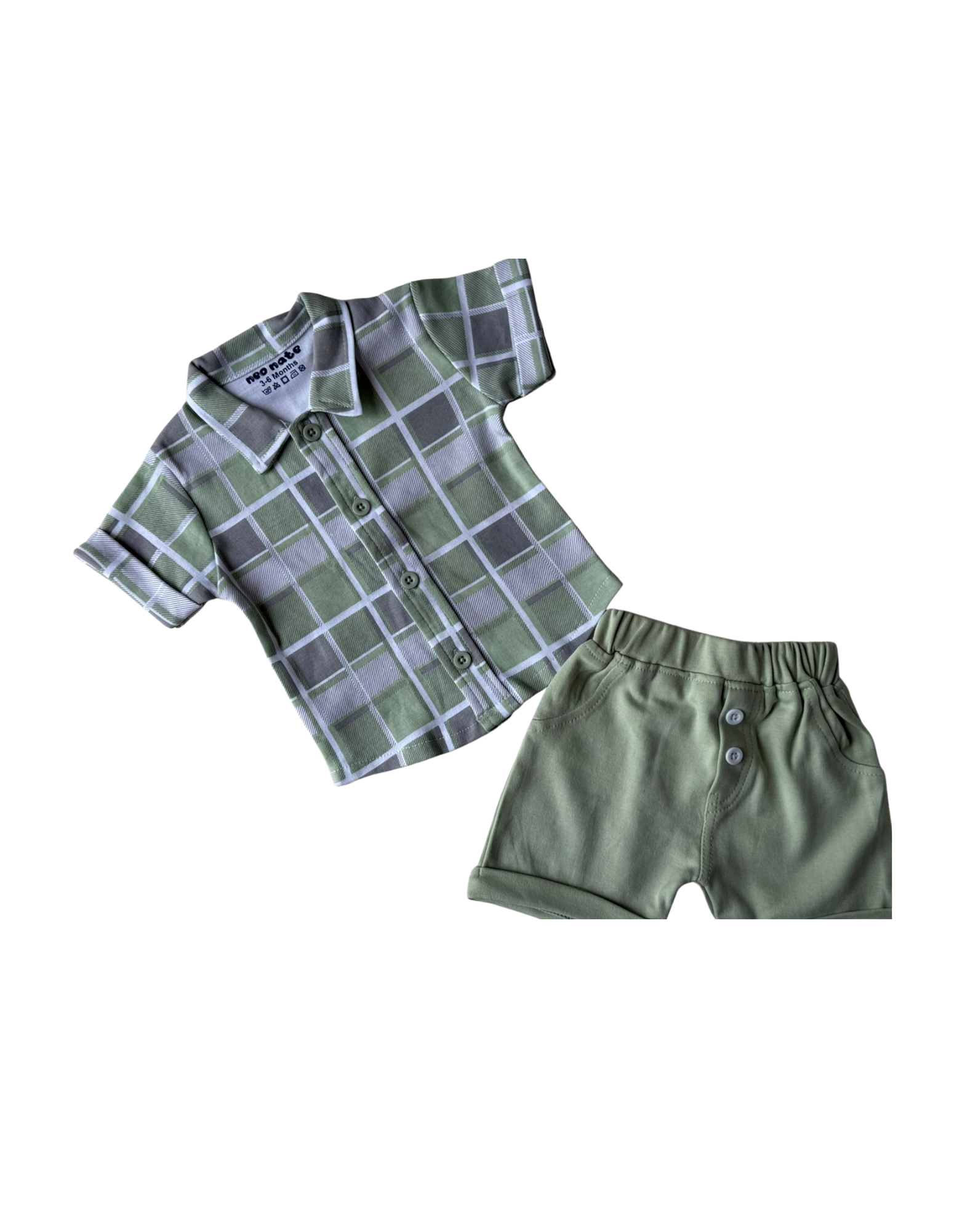 🌿 Trendy Baby Boy Outfit – Mint Green Check Shirt &amp; Shorts Set