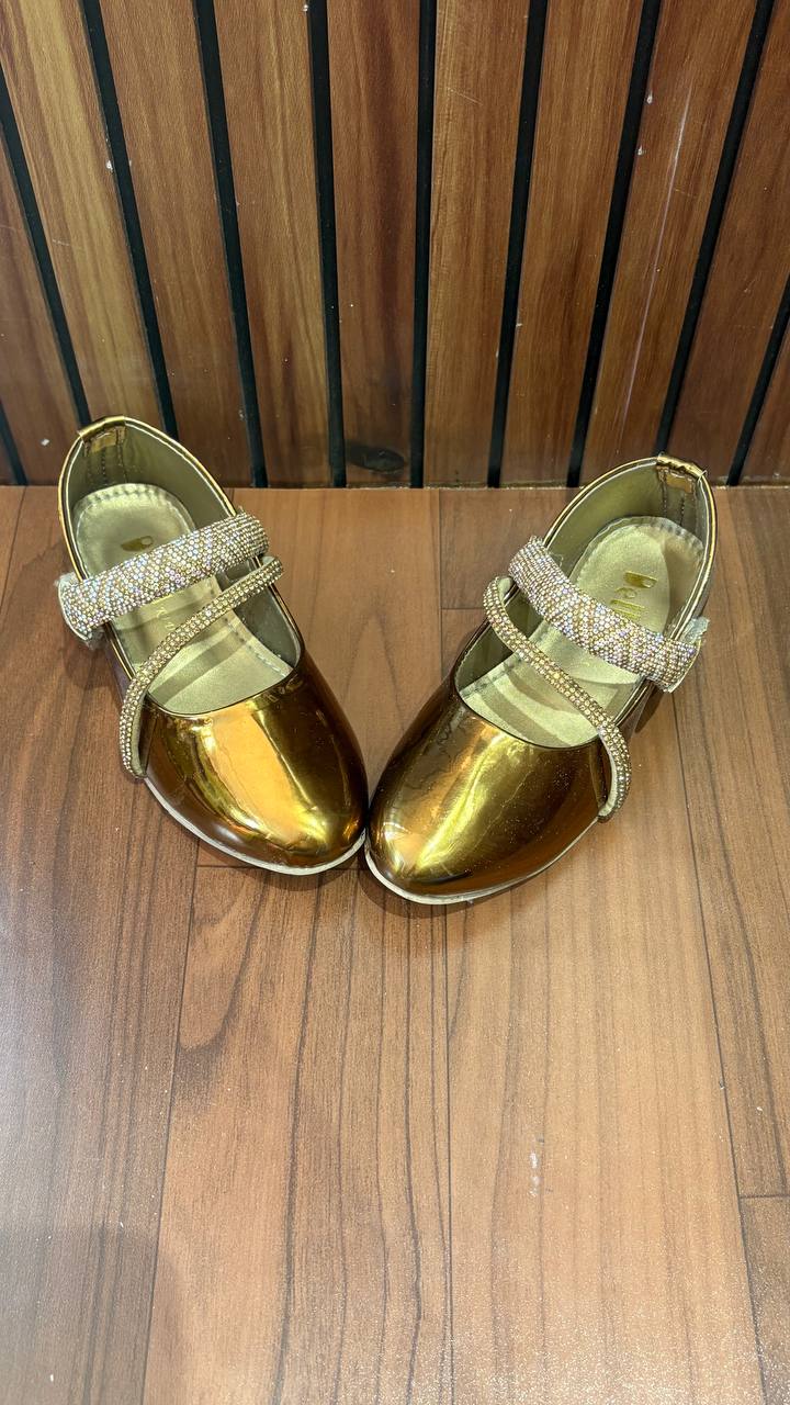 Girls Gold Shimmer Mary Jane Shoes with Crystal Straps – Party & Festive Wear