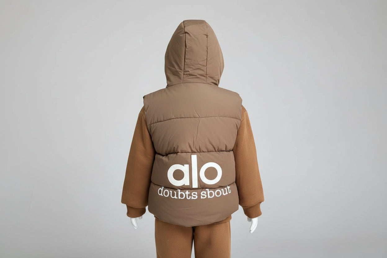 Baby Boys Winter Hoodie Set – Premium Brown Puffer Vest with Sweatshirt & Joggers