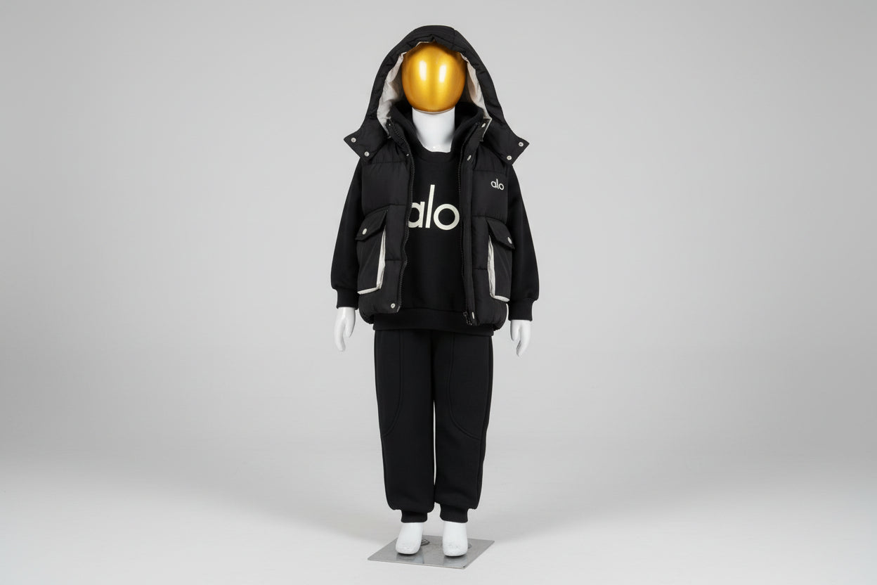 Baby Boys Winter Hoodie Set – Premium Brown Puffer Vest with Sweatshirt & Joggers