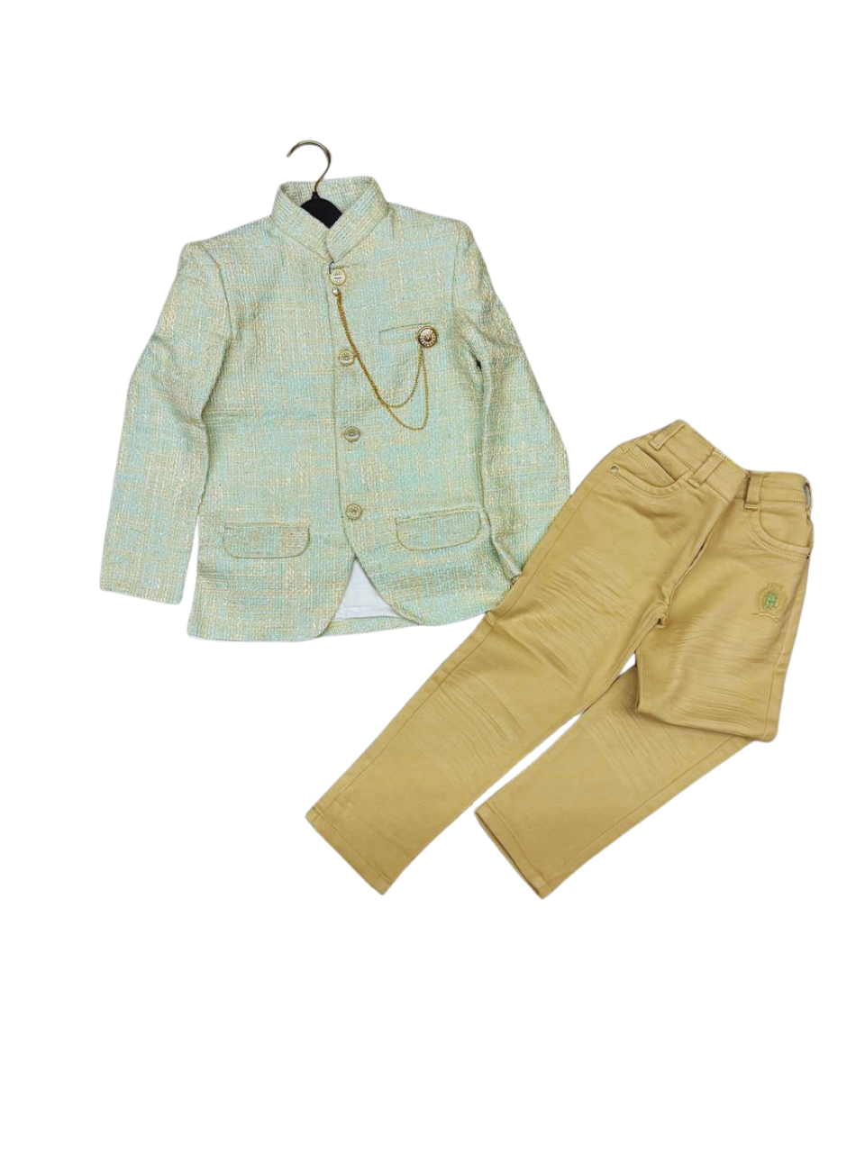 Classy blazer set with tan pants—perfect for your little prince’s special occasions!