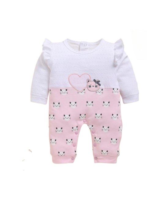 🍼 Baby Girl Cotton Romper – Pink &amp; White Kitty Print