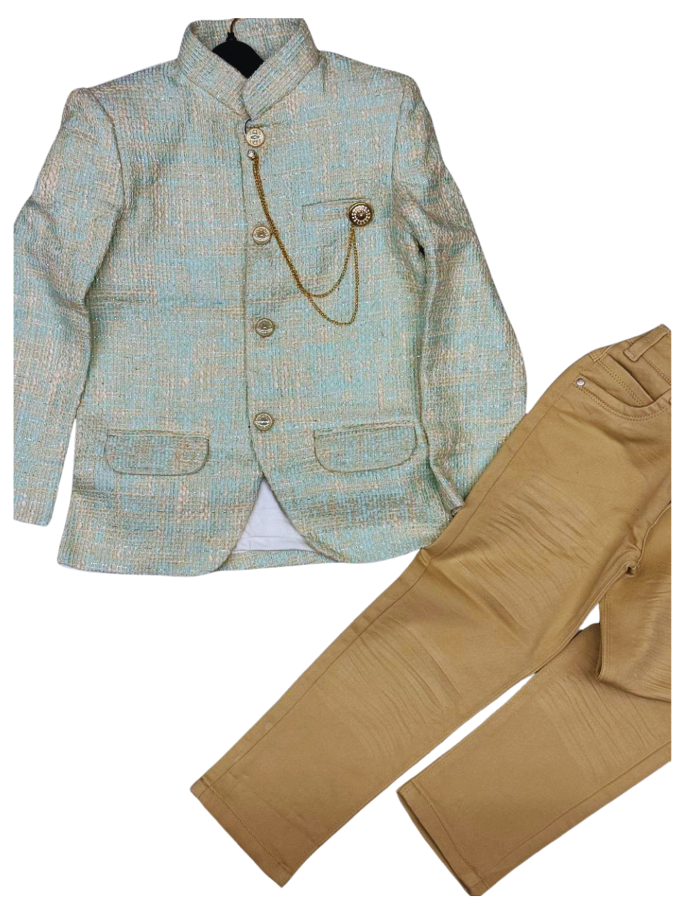Classy blazer set with tan pants—perfect for your little prince’s special occasions!