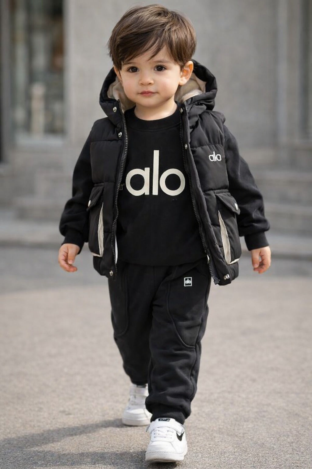 Baby Boys Winter Hoodie Set – Premium Brown Puffer Vest with Sweatshirt & Joggers