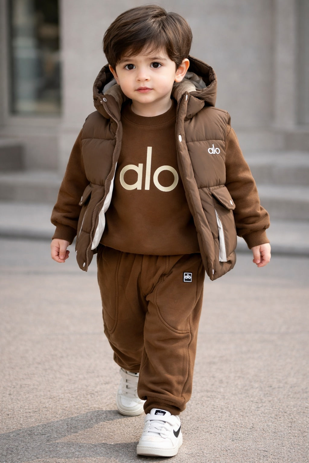 Baby Boys Winter Hoodie Set – Premium Brown Puffer Vest with Sweatshirt & Joggers