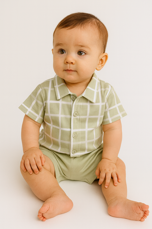 🌿 Trendy Baby Boy Outfit – Mint Green Check Shirt &amp; Shorts Set
