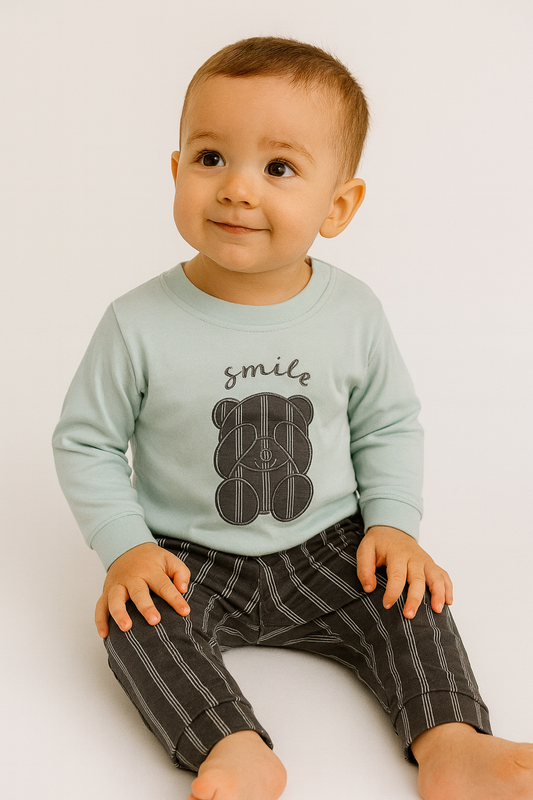 🐻 Cute Baby Boy Outfit – “Smile Bear” Top &amp; Striped Pant Set .