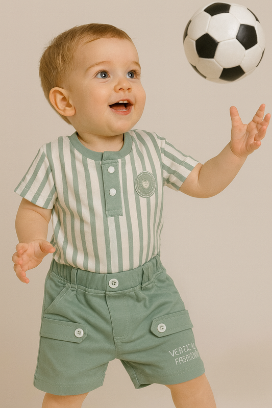 Soft green striped set with cute bear badge