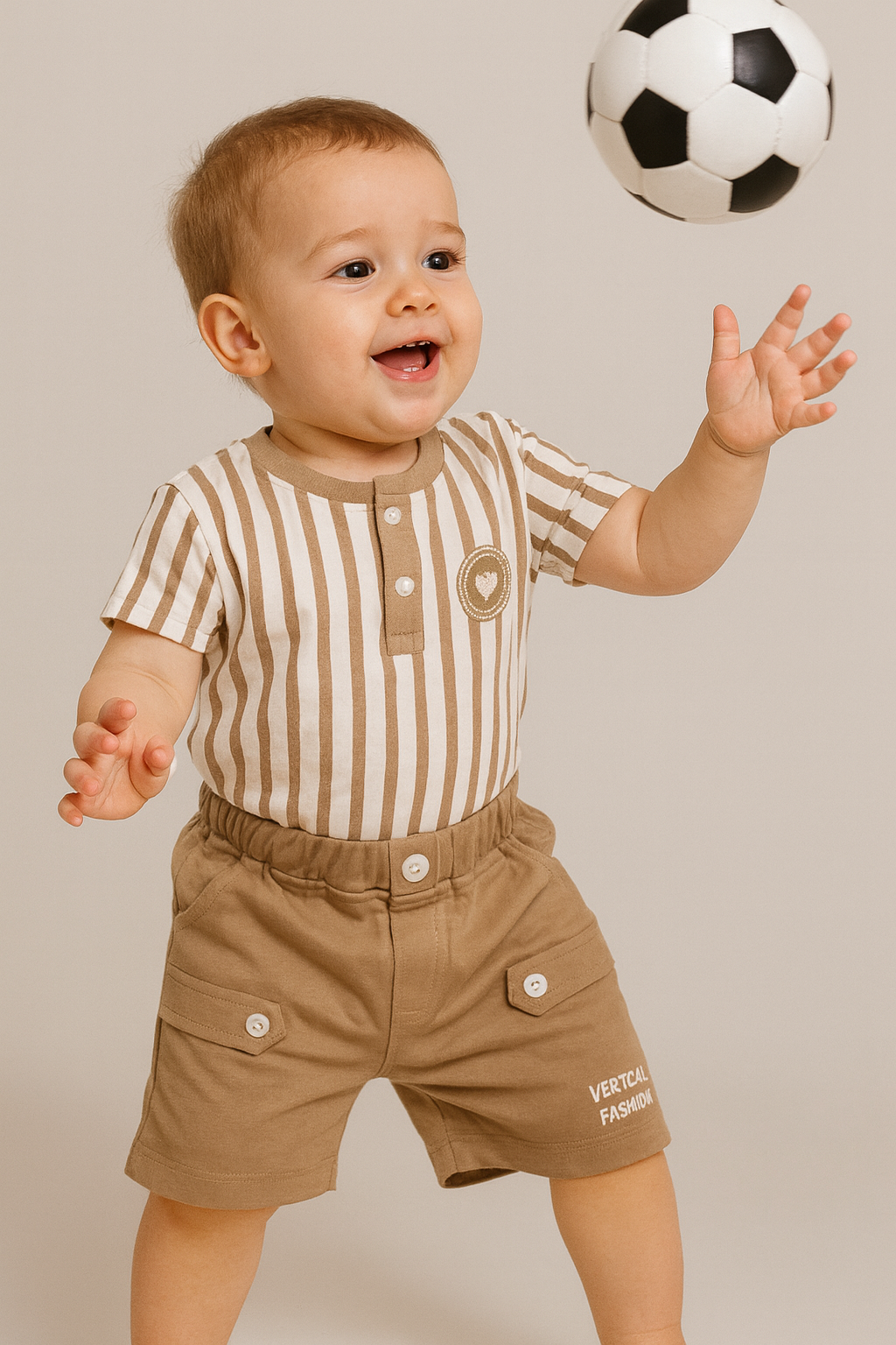 Soft green striped set with cute bear badge