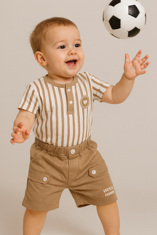 Soft green striped set with cute bear badge