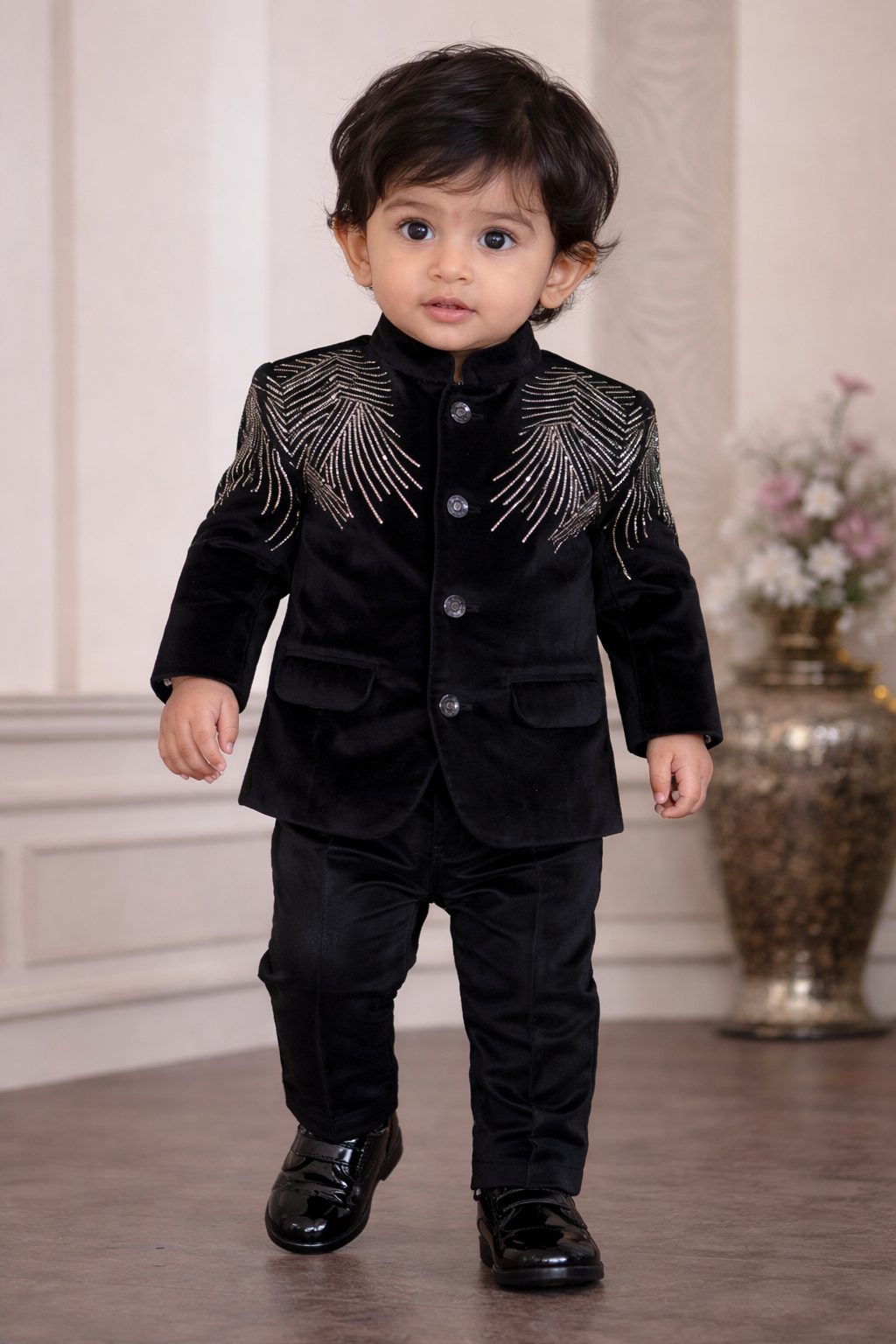 Luxury Baby Boys Velvet Coat Pant Set with Shoulder Work – Special Occasion Outfit