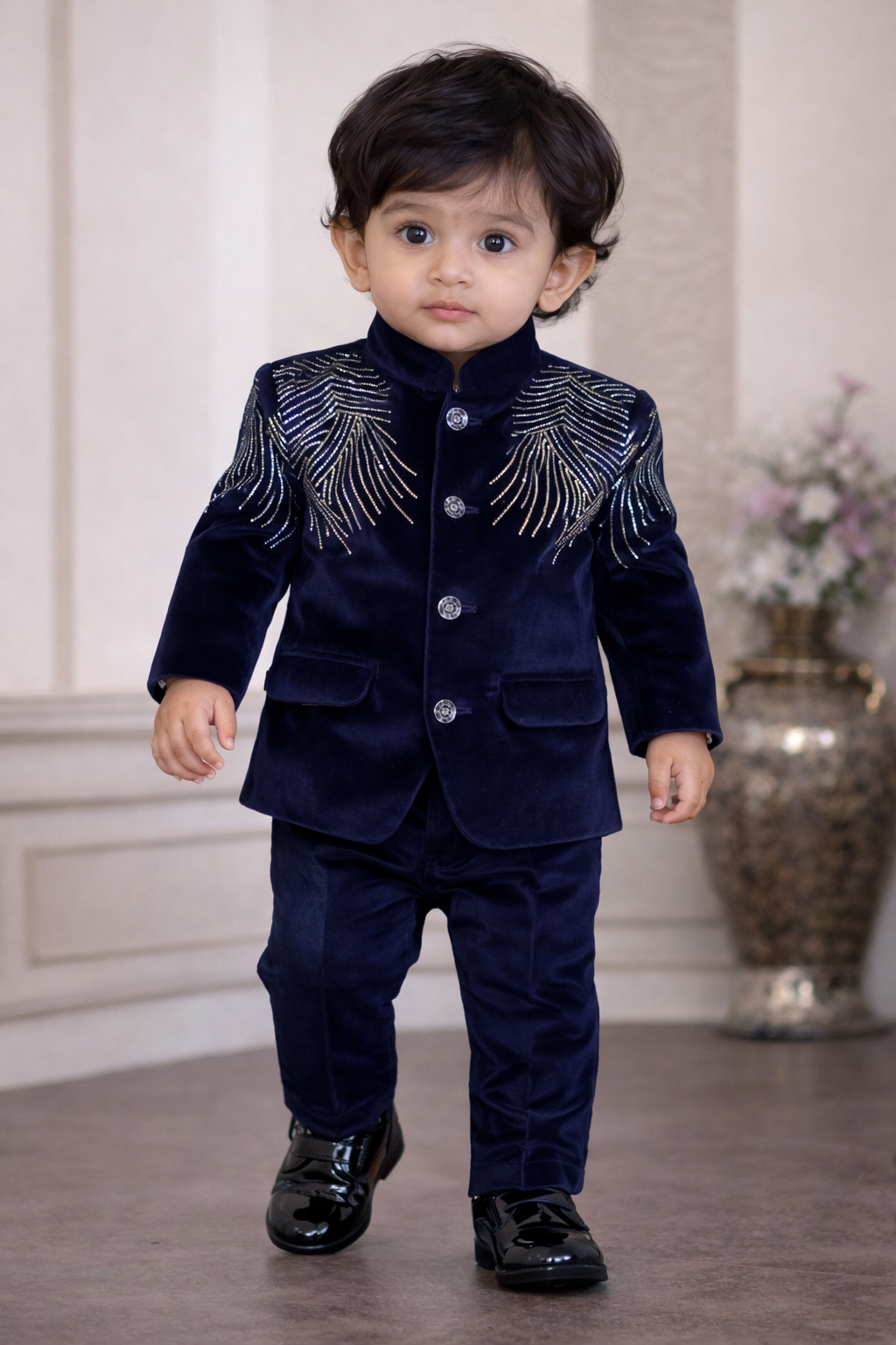 Luxury Baby Boys Velvet Coat Pant Set with Shoulder Work – Special Occasion Outfit