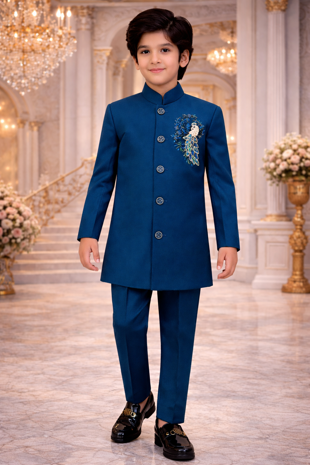 Premium Boys Ethnic Peacock Blue Sherwani with Handcrafted Embroidery (0–10 Years)