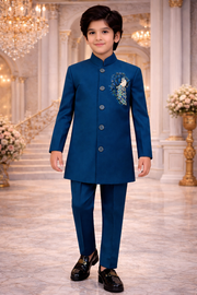 Premium Boys Ethnic Peacock Blue Sherwani with Handcrafted Embroidery (0–10 Years)