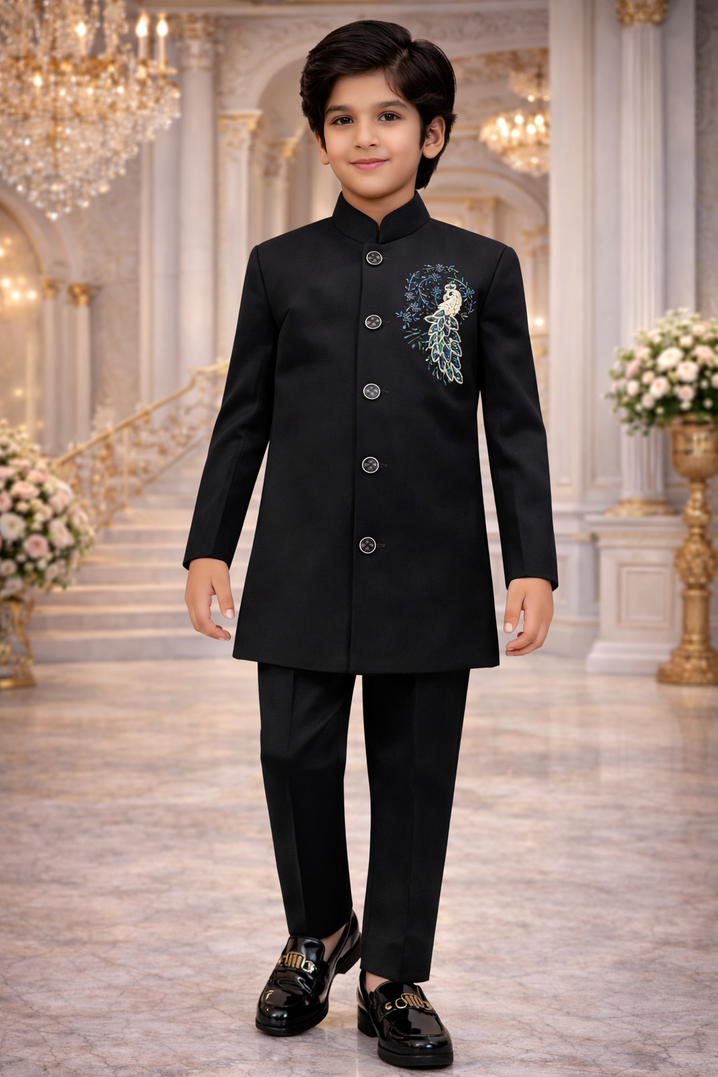 Premium Boys Ethnic Peacock Blue Sherwani with Handcrafted Embroidery (0–10 Years)
