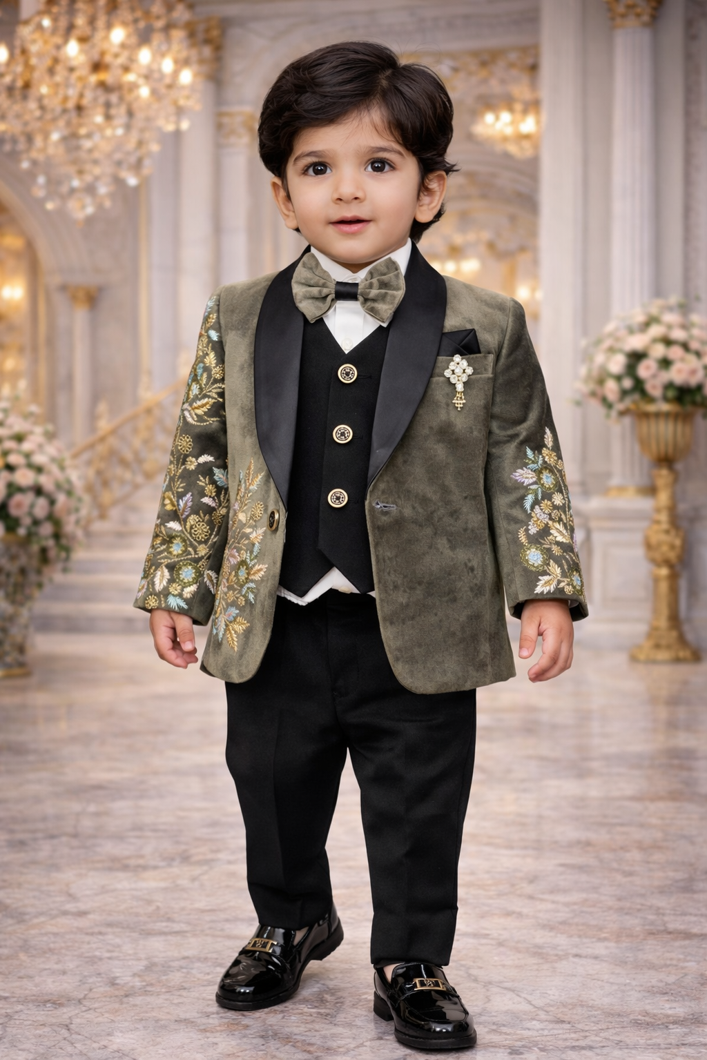 Kids Boys Luxury Velvet Suit with Embroidered Blazer & Bow – Party Wear (2–13 Years)