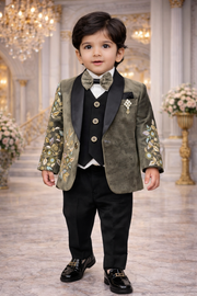 Kids Boys Luxury Velvet Suit with Embroidered Blazer & Bow – Party Wear (2–13 Years)