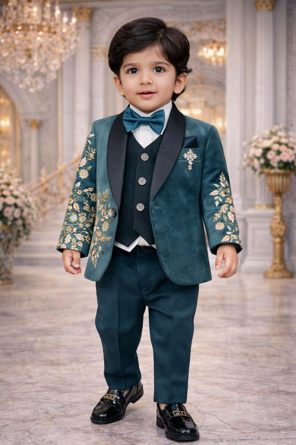 Kids Boys Luxury Velvet Suit with Embroidered Blazer & Bow – Party Wear (2–13 Years)