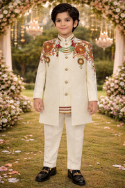 Boys Off-White Designer Embroidered Sherwani Set