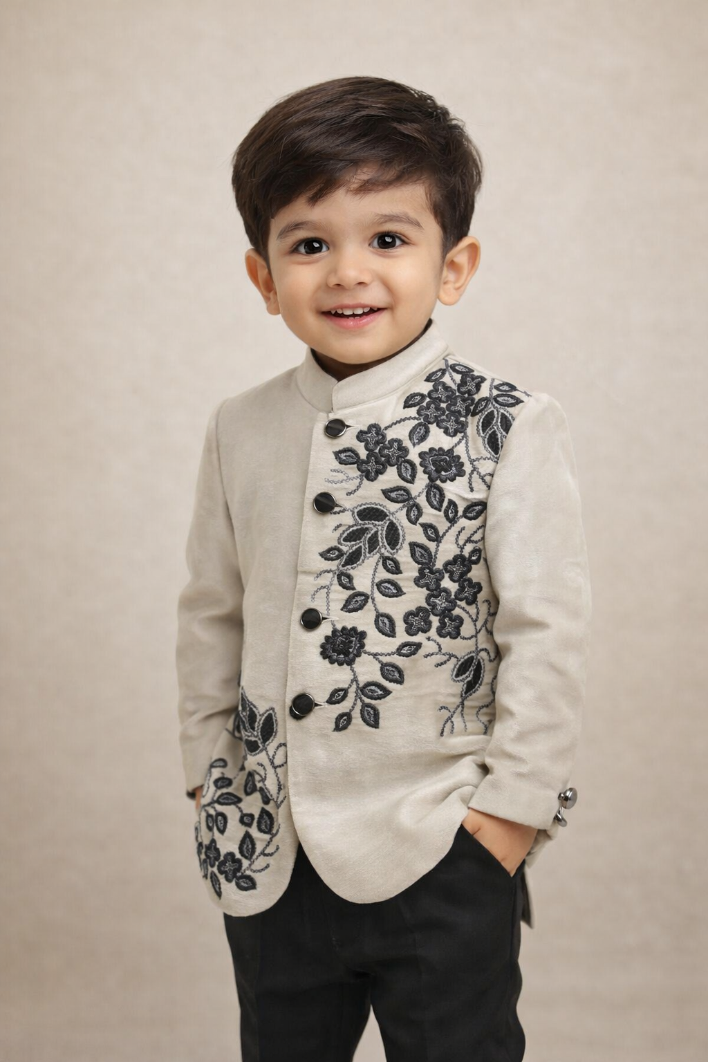Elegant off-white embroidered sherwani with black trousers
