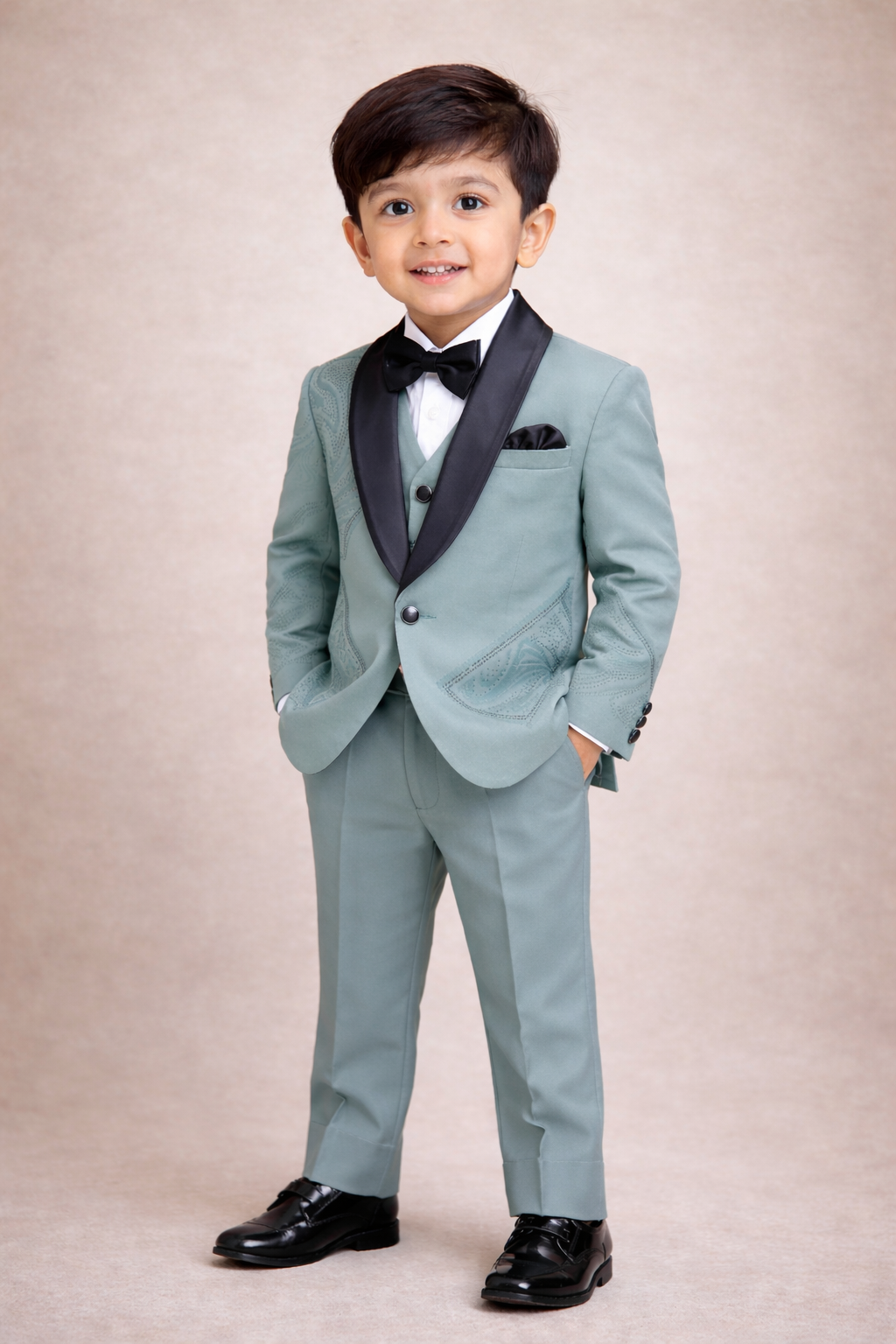 Elegant suit with black satin lapel and subtle paisley detailing