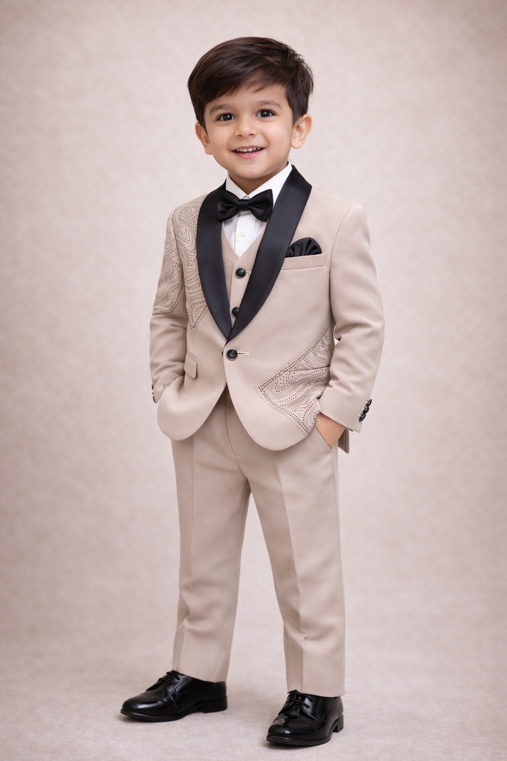 Elegant suit with black satin lapel and subtle paisley detailing