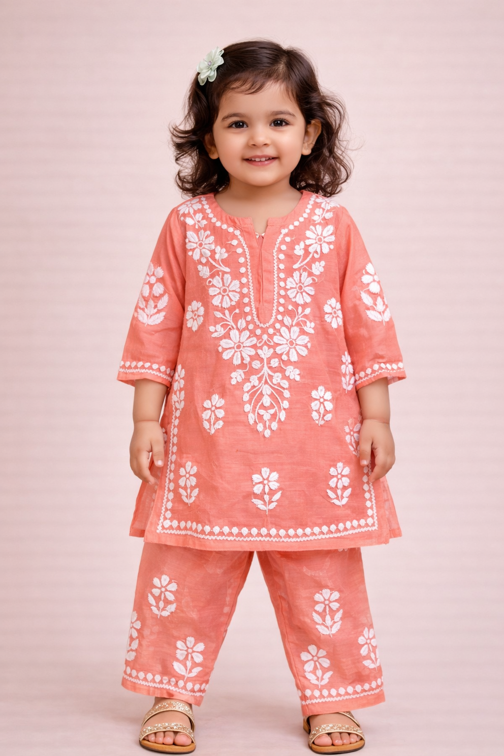 🌸 Elegant Coral Embroidered Ethnic Set for Baby Girls 🌸