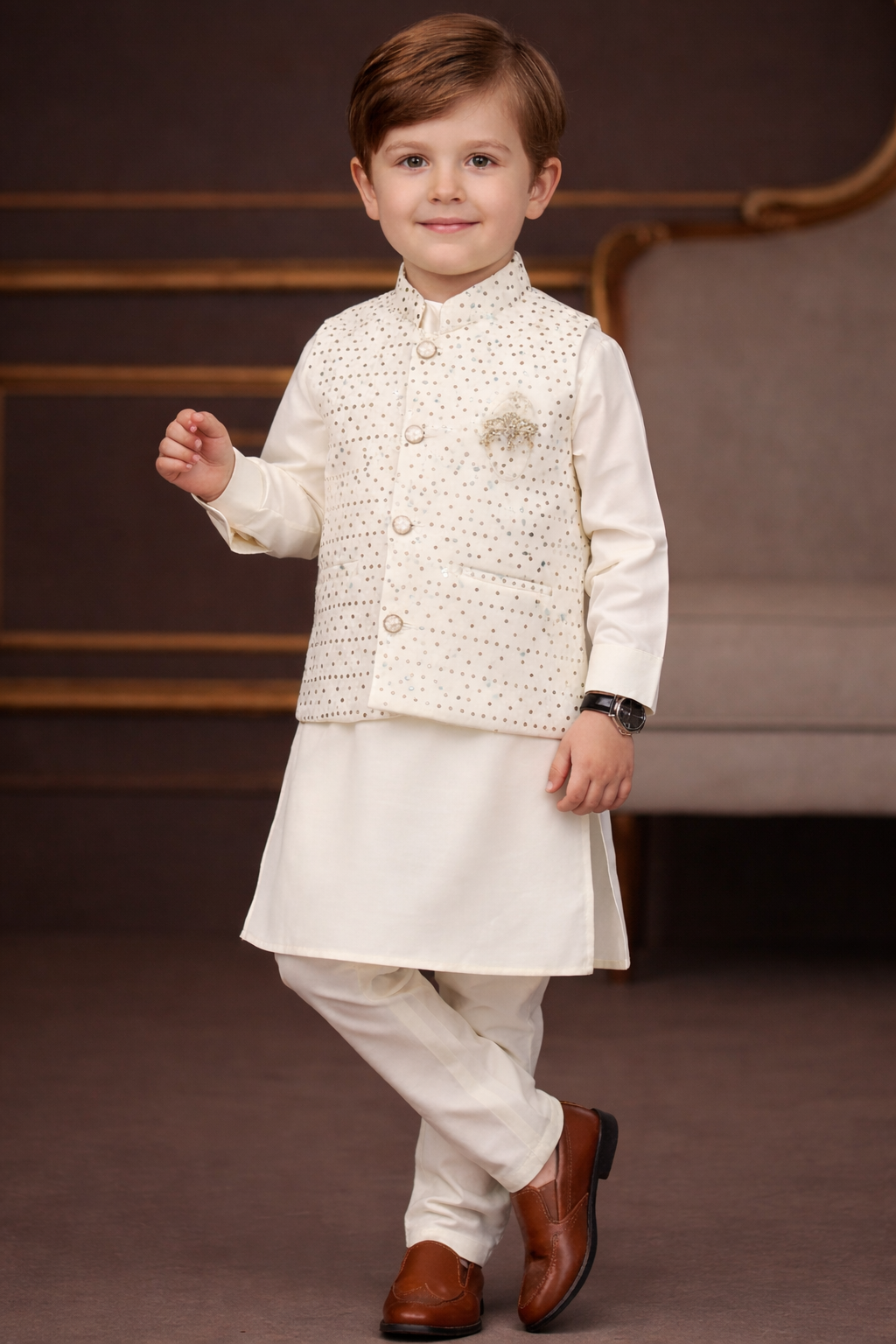 Premium Off-White Boys Dhoti Kurta Set with Sequins Jacket [4 pcs set]