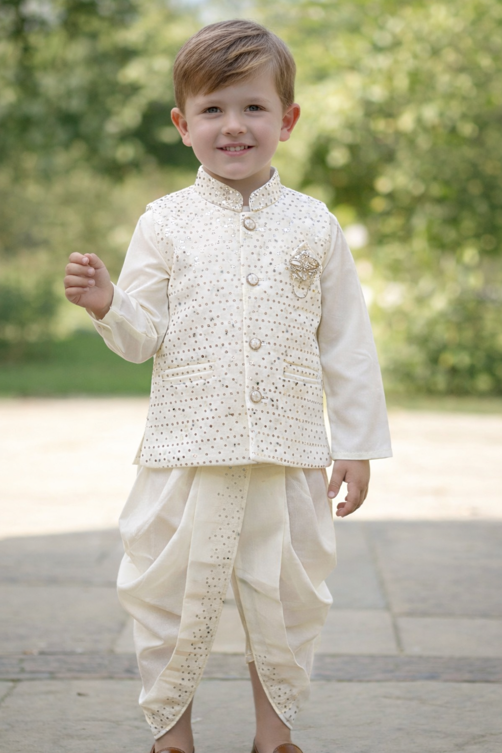 Premium Off-White Boys Dhoti Kurta Set with Sequins Jacket [4 pcs set]