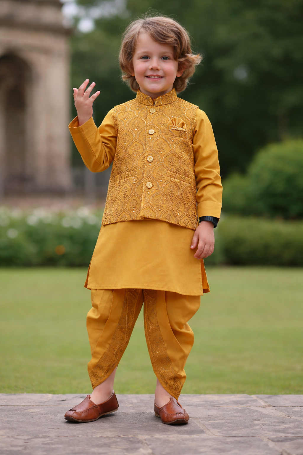 Mustard Gold Boys Ethnic Wear Set – Kurta, Jacket & Dhoti Pant [4 pcs set]